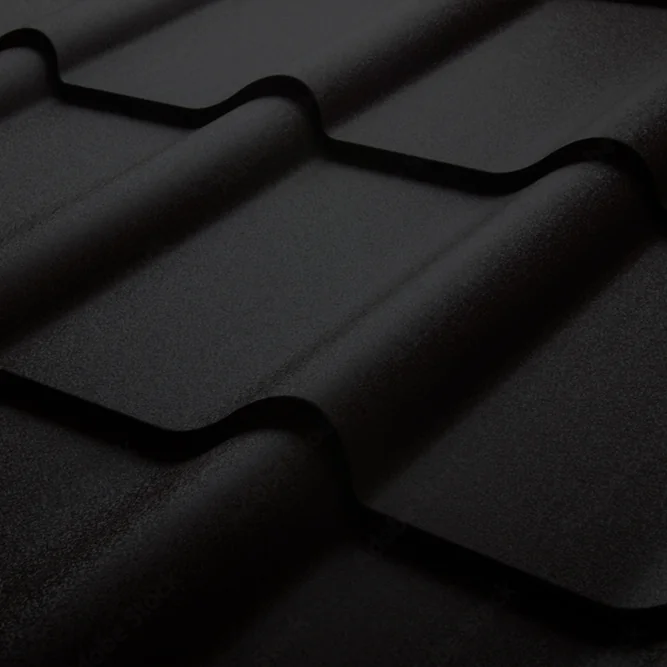 Black metal roofing panel stocked at The Roofing & Supply Company